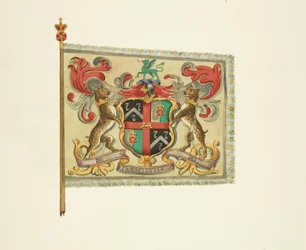 Sztandar fryzjerów i chirurgów, z napisem „De Praescientia Dei”, ok. 1833 (ołówek, akwarela i kolor ciała na papierze)