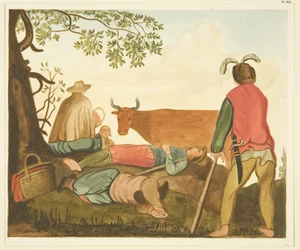 Guy, Earl of Warwick i Dun Cow, kopie oryginalnego obrazu olejnego (akwarela na papierze)