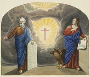 Malowane okno nad ołtarzem Kościoła Chrystusowego, przedstawiające Mojżesza i św. Jana Ewangelistę (akwarela na papierze)