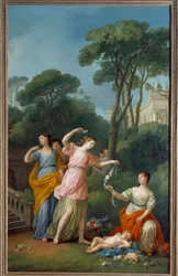 Młode Greczynki rozdzielające kwiaty Śpiąca miłość Obraz Joseph Marie Vien (1716-1809) 1773 Nd. 3,35x1,94 m²