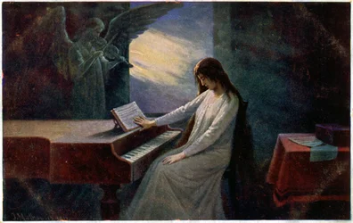 Muzyka. Ostatni akord. Umierająca dama przy fortepianie. Ilustracja Josefa Mathausera, Czechy, ok. 1910 r. (pocztówka)