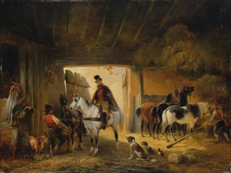 Jeździec podający konia w stajni, 1840