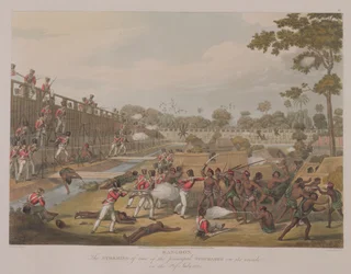 Rangun: The Storming of one of the Principal Stockades on July 8th 1824, tablica 15 z "Rangoon Views", wyryta przez George