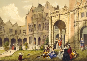 Orzeźwienie na trawniku na tarasie, Holland House, Kensington z „Architektury w średniowieczu”, 1838
