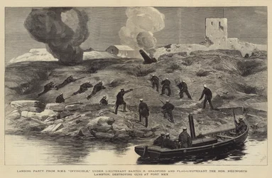 Bombardowanie Aleksandrii, desant z HMS Invincible pod dowództwem porucznika Bartona R. Bradforda i porucznika honorowego Hedwortha Lambtona niszczącego działa w Fort Mex