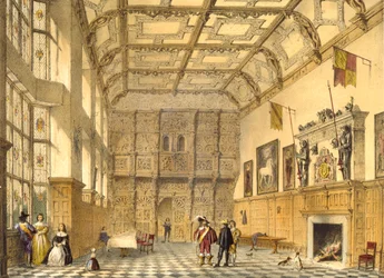 Wielka Sala, Hatfield, Berkshire, 1600, ilustracja z „Architektury średniowiecza”, 1838