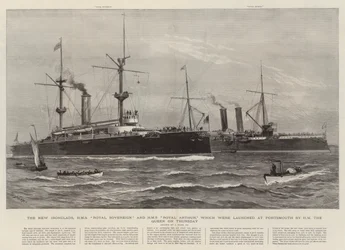 Nowe pancerniki, HMS Royal Sovereign i HMS Royal Arthur, które zostały zwodowane w Portsmouth przez królową HM w czwartek