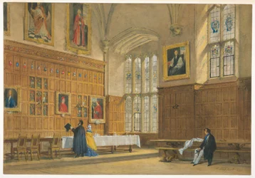 Rysunek, widok sali jadalnej w Magdalen College w Oksfordzie, 1856 r.