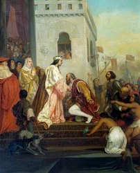 Przyjęcie Krzysztofa Kolumba (1451-1506) przez królów Hiszpanii Ferdynanda II Aragońskiego i Izabelę I Kastylii (zwaną katolicką) w Barcelonie w 1493 r. Odkrywca powraca z uwięzionymi Indianami. Szczegół. Obraz Josepha Nicolasa Roberta Fleury (1
