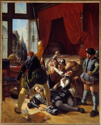 Wojna religijna: „Scena nocy św. Bartłomieja, zabójstwo Briou, gubernatora księcia Conti, 24/08/1572”. 1833. Słońce. 1,64 x 1,3 m