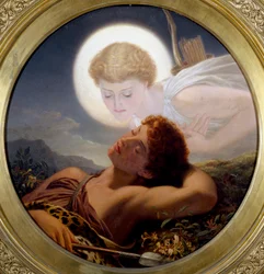 "Sen Latmosa" przywołuje mit o Endymionie, wiecznie śpiącym myśliwym o wielkiej urodzie, którego Zeus uśpił dla Selene, która zakochując się w nim, chciała zachować jego młodość. Obraz autorstwa Josepha Noela Patona (1821-1901) (prerafaelity)