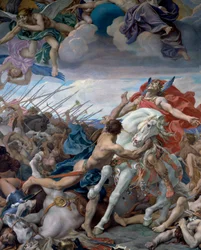 Życzenie Clovisa do bitwy pod Tolbiac. W 496 Clovis I, król Franków, przysiągł nawrócić się na chrześcijaństwo, jeśli wygra bitwę pod Tolbiac (Zulpich) pod Kolonią z Alamami. Obraz Josepha Blanca (1846 - 1904)