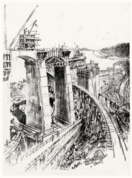 Podejścia do śluzy Gatun, płyta VI z Kanału Panamskiego autorstwa Josepha Pennella, 1912 (węgiel na papierze)