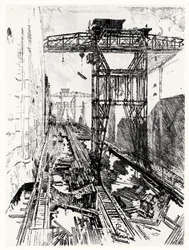 Żurawie na śluzie Miraflores, tablica XXII z Kanału Panamskiego autorstwa Josepha Pennella, 1912 (węgiel na papierze)