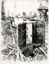 Brama Strażnicza w Gatun, tablica V z Kanału Panamskiego autorstwa Josepha Pennella, 1912 (węgiel na papierze)