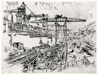 Śluza Mury Miraflores, płyta XXIII z Kanału Panamskiego autorstwa Josepha Pennella, 1912 (węgiel na papierze)