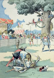 Bitwa między Renardem a Ysengrinem, z "Przygód Mistrza Renarda" G. Le Cordiera, ok. 1900 r. (kolorowa litografia)