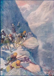 Zmiażdżeni przez toczące się kamienie, skoszeni salwami strzałów z muszkietu Ludzie padli setkami, 1908, c1