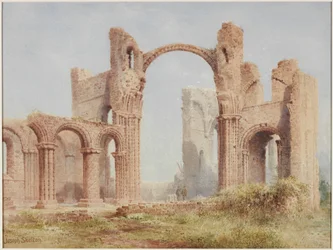 Lindisfarne Priory Ruins (akwarela, farba do ciała i ołówek na papierze)