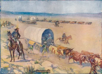 Bullock-Waggons wiły się powoli nad falującymi równinami, c1908, c1920.