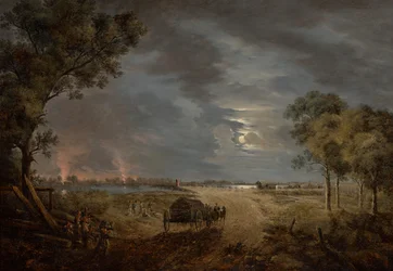 Widok na most przeprawowy armii francuskiej w Lobau (scena nocna w świetle księżyca)