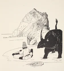 Parsee zaczyna jeść ciasto na bezludnej wyspie, ilustracja z „Takie historie dla małych dzieci” Rudyarda Kiplinga, pub. Londyn, 1951