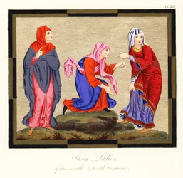 Kostiumy anglosaskie dla kobiet, IX i X wiek , 1854 (rycina)