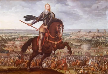 Gustaw II Adolf Szwecji w bitwie pod Breitenfeld w 1631 r., obraz Jean Jacques Walter, wojna trzydziestoletnia, Niemcy