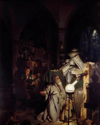 Alchemik kuszący odkrycie kamienia filozoficznego Obraz Josepha Wrighta z Derby (1734-1797) XVIII-wieczne Słońce. 1,27 X 1,01 m Derby, Muzeum Derby