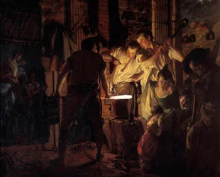 Atelier de marechal ferrant w XVIII wieku Obraz Josepha Wrighta z Derby (1734-1797) 1771 Nd. 0,99x1,25 m Derby, Muzeum Derby