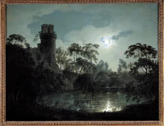 Moonlight z jeziora i zamku Romantyczny nocny krajobraz. Obraz Josepha Wrighta z Derby (1734-1797) 1787 Kolekcja prywatna