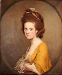 Portret Dorothy Hodges, połowa długości, w żółtej sukience