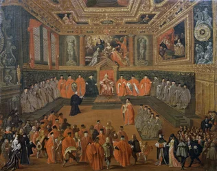 Przesłuchanie doży w Sali Rady Pałacu Książęcego w Wenecji, obraz Josepha Heintza Youngera (ok. 1600-1678)