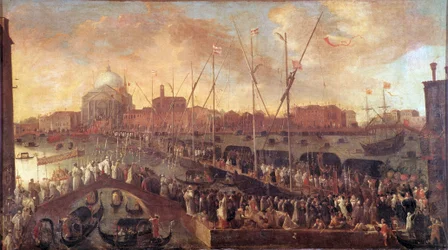 Procesja w dniu święta Odkupiciela W kościele Odkupiciela Wenecji zostaje wybudowany tymczasowy most upamiętniający ofiary Wielkiej Plagi z lat 1575-1576 - Obraz Józefa Heintza Młodego (1600-1678) XVII wiek - Musei Civici