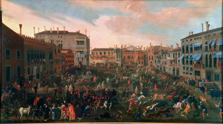 Polowanie na byki na Campo San Polo w Wenecji w 1648 roku. Tradycyjne polowanie na Byka odbywało się na małym placu (campi) w Wenecji ze szczególnie dzikimi psami. Obraz Josepha Heintza Je Jeune (1600-1678). Wenecja, Museo Correr