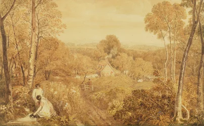 Pejzaż leśny z chatami i kobietami, Hurley, Berks, 1818 (wc, grafit na papierze)