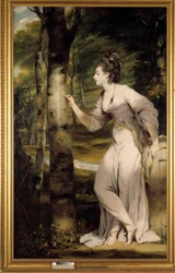 Portret całopostaciowy pani Lloyd: Elegancka kobieta ryje imię w pniu drzewa w romantycznej atmosferze. Obraz Joshuy Reynoldsa (1723-1792). XVIII wiek. Kolekcja prywatna