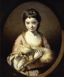 Portret panny Emilii Vansittart, pół długości, w różowo-białej sukience trzymającej psa, c.1767-68