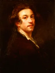 Autoportret, do połowy długości, patrzący przez ramię, w brązowym płaszczu i białej koszuli, ok. 1750-52