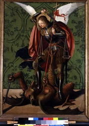 Rewers ołtarza: Święty Michał pokonujący demona. Obraz Josse Lieferinxe, aktywny w latach 1493-1508