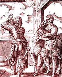 Rzeźnik - Jedzenie i gotowanie w średniowieczu. Rycina Josta Ammana (1539-1591). Grawerowanie 1878
