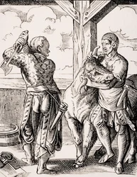 Rzeźnik i jego asystent, reprodukcja XVI-wiecznej ryciny autorstwa Josta Ammana (1539-91) z „Le Moyen Age et La Renaissance” Paula Lacroix (1806-84), opublikowana w 1847 r. (litho)