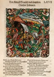 Chirurgia wojskowa, z „Księgi wojennej III część Schantzen i fortyfikacje” Leonhardta Fronspergera (ok. 1520-75) 1573 (kolorowy drzeworyt)