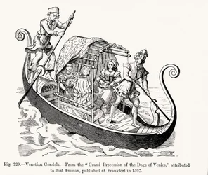 Gondola wenecka, z Wielkiej Procesji Dożów Wenecji, ilustracja z Nauki i literatury w średniowieczu i renesansie, napisana i rytowana przez Paula Lacroix, 1878 (