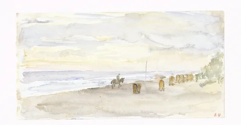 Widok plaży z jeźdźcem i krzesłami plażowymi