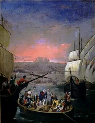 Począwszy od 1492 r. Palos karawele Santa Maria, Pinta i Nina (olej na płótnie)