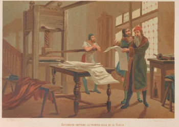 Gutenberg drukuje pierwszą stronę Biblii. Od: Nauka i jej ludzie,