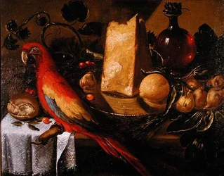 Martwa natura z papugą (Macaw) (olej na płótnie)