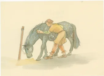 Średniowieczny pan młody szczotkujący konia, 2004.