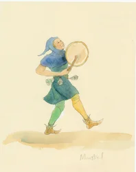 Średniowieczny minstrel grający na instrumencie perkusyjnym, prawdopodobnie taborze, 2004.